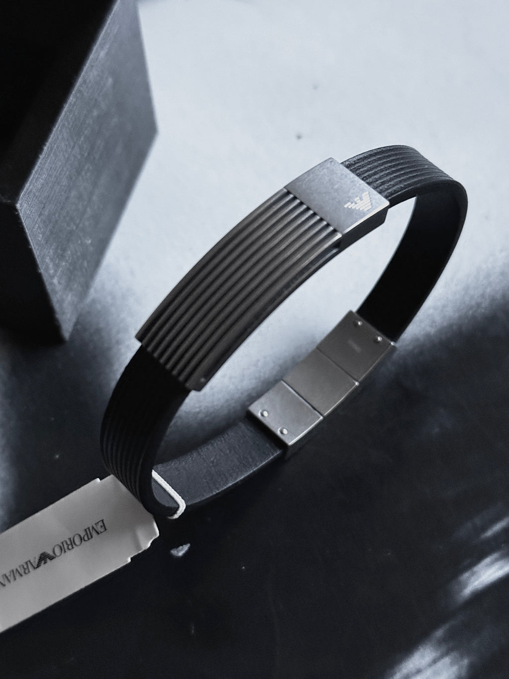 Emporio Armani Men’s Black Leather & Stainless Steel Bracelet